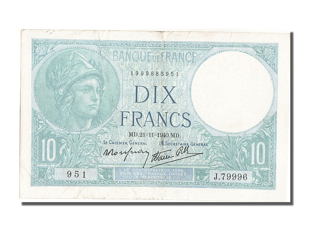 France, 10 Francs, 10 F 1916-1942 ''Minerve'', 1940, KM #84, 1940-11-21,...