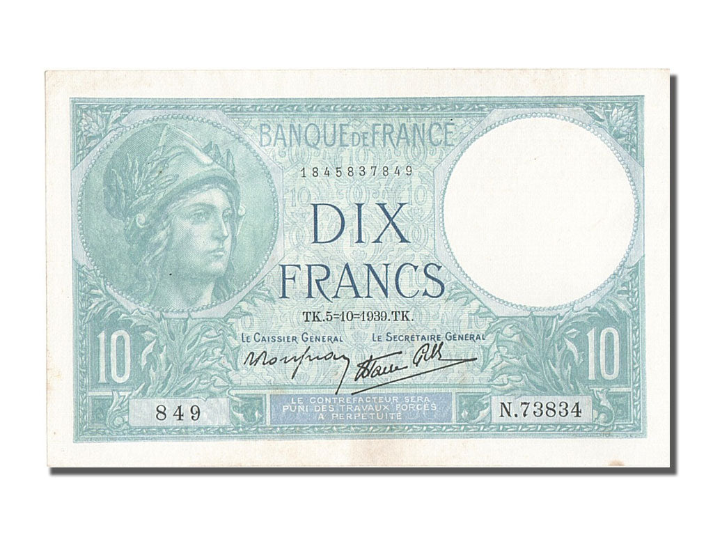 France, 10 Francs, 10 F 1916-1942 ''Minerve'', 1939, KM #84, 1939-10-05,...