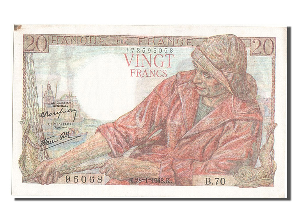 France, 20 Francs, 20 F 1942-1950 ''Pêcheur'', 1943, KM #100a, 1943-01-28, E...