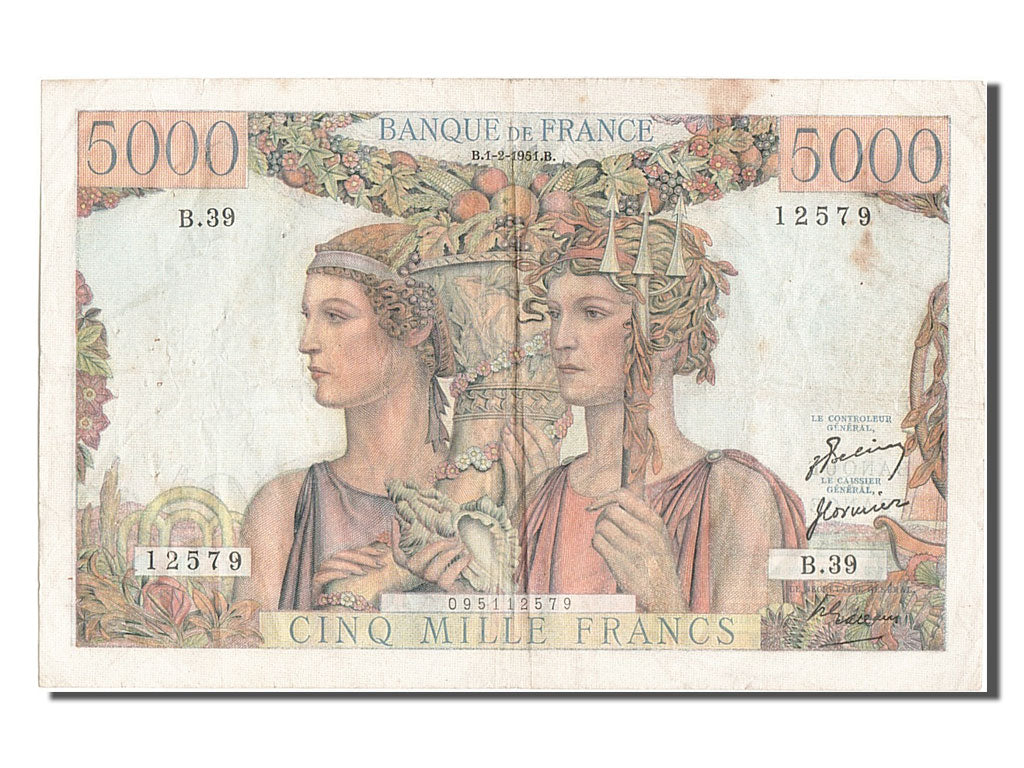 France, 5000 Francs, 5 000 F 1949-1957 ''Terre et Mer'', 1951, KM #131b,...