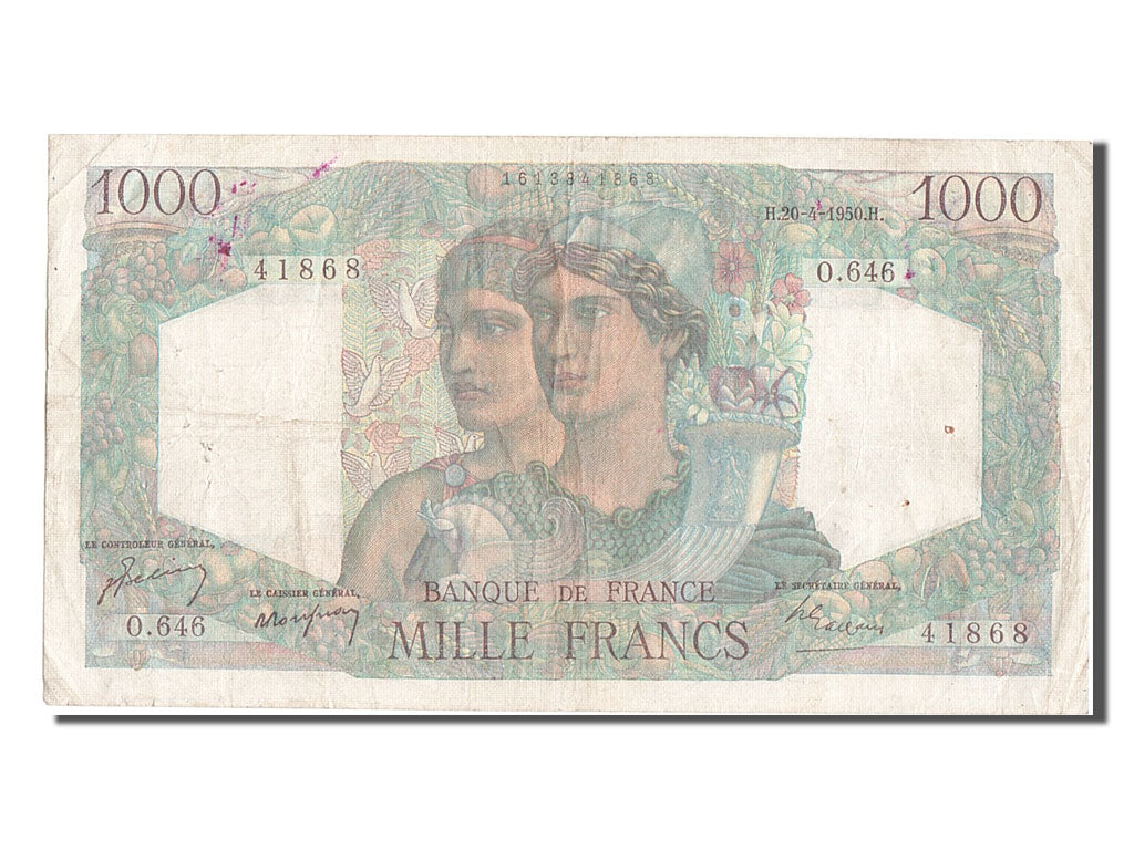 Francia, 1000 Francs, 1 000 F 1945-1950 ''Minerve et Hercule'', 1951, KM:130b...