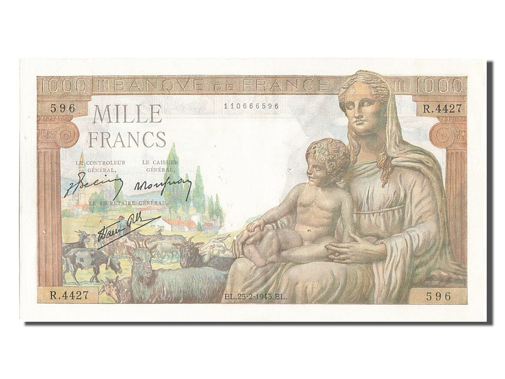 France, 1000 Francs, 1 000 F 1942-1943 ''Déesse Déméter'', 1943, KM #102, 194...