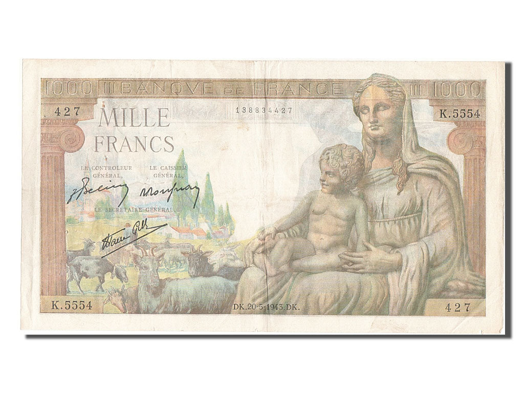France, 1000 Francs, 1 000 F 1942-1943 ''Déesse Déméter'', 1943, KM #102, 194...