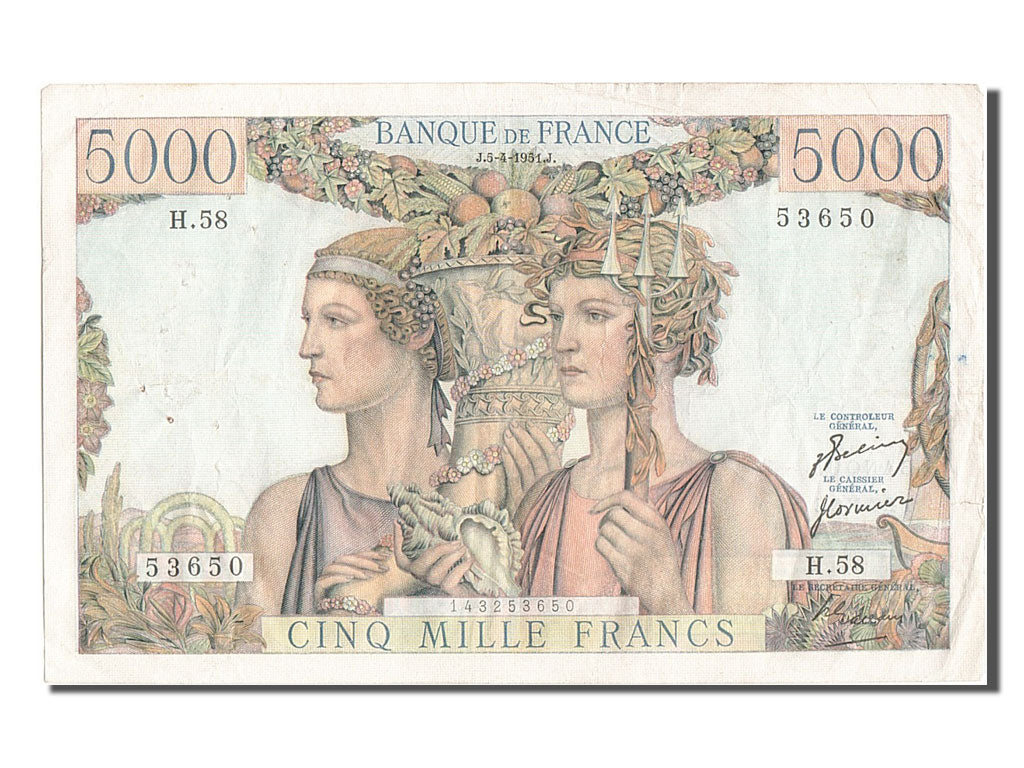 France, 5000 Francs, 5 000 F 1949-1957 ''Terre et Mer'', 1951, KM #131b,...