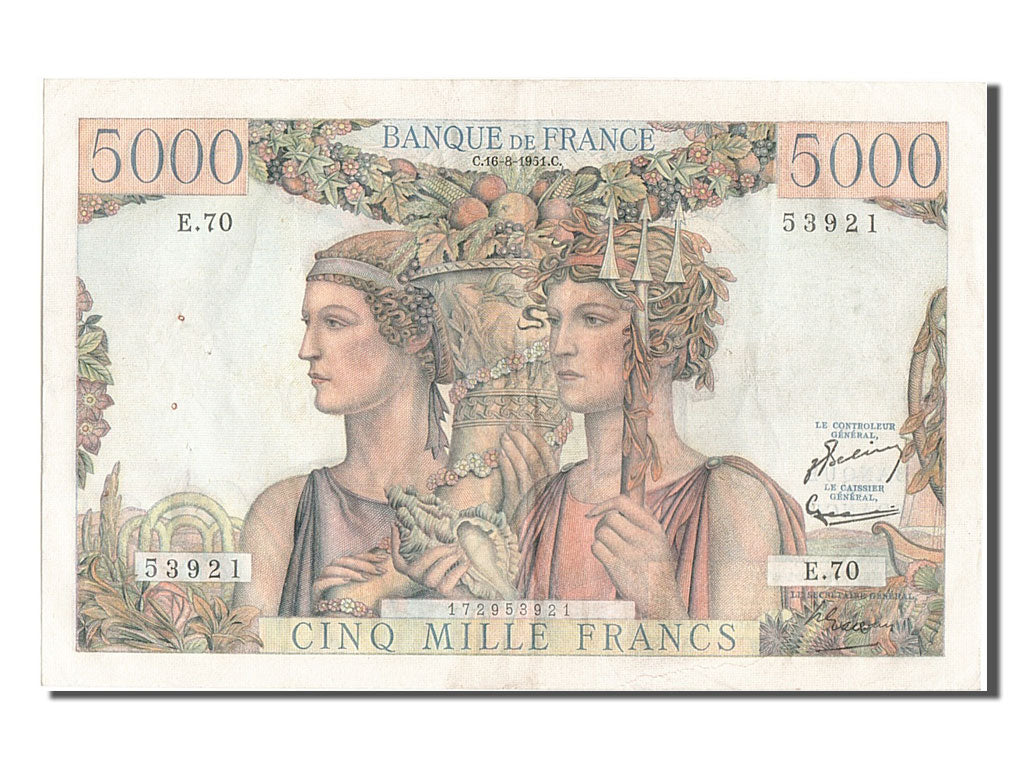 France, 5000 Francs, 5 000 F 1949-1957 ''Terre et Mer'', 1951, KM #131c,...