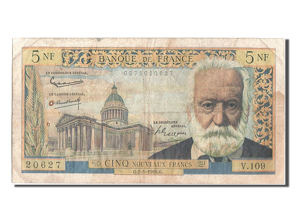 Francia, 5 Nouveaux Francs, 5 NF 1959-1965 ''Victor Hugo'', 1963, KM:141a, 19...
