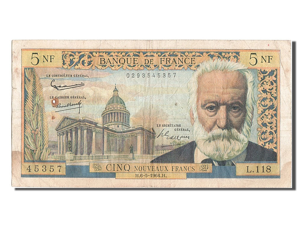 France, 5 Nouveaux Francs, 5 NF 1959-1965 ''Victor Hugo'', 1964, KM #141a,...