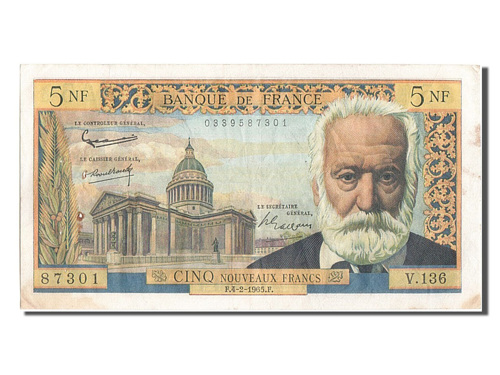 France, 5 Nouveaux Francs, 5 NF 1959-1965 ''Victor Hugo'', 1965, KM #141a,...