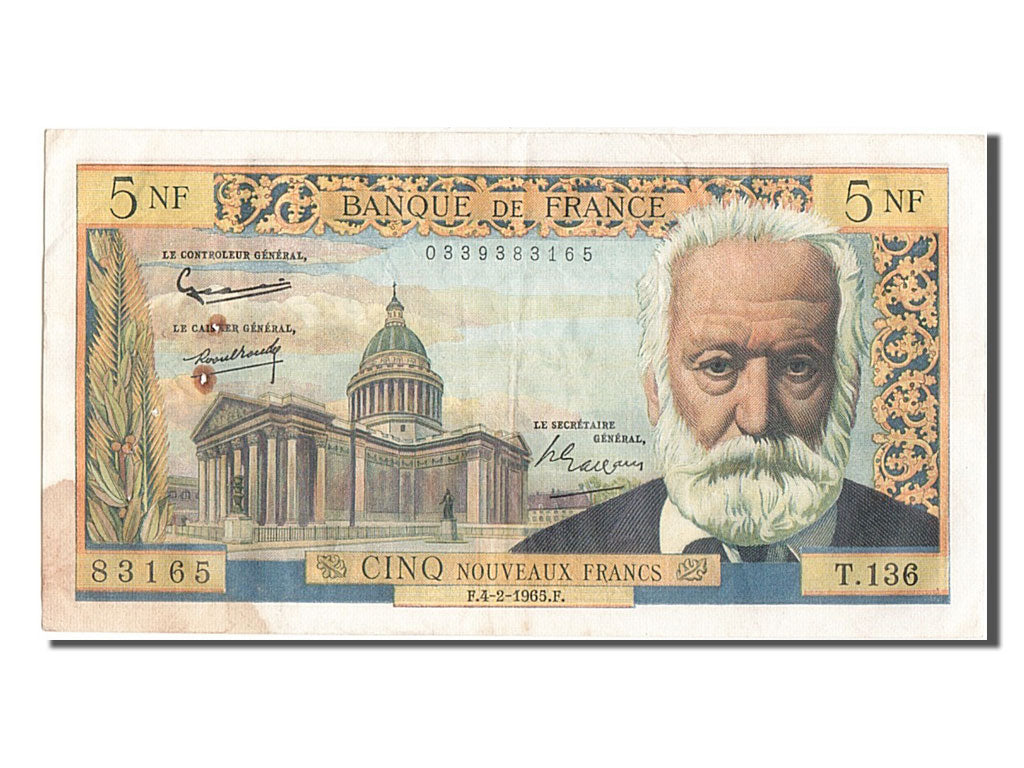France, 5 Nouveaux Francs, 5 NF 1959-1965 ''Victor Hugo'', 1965, KM #141a,...