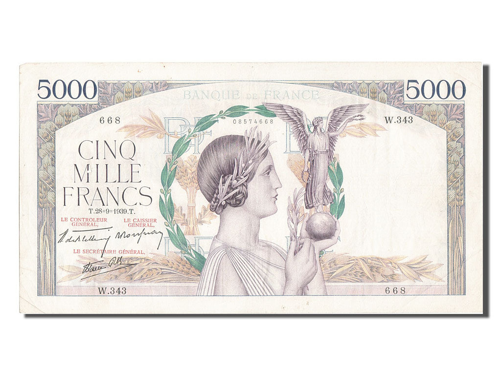 France, 5000 Francs, 5 000 F 1934-1944 ''Victoire'', 1939, KM #97a, 1939-09-28,.
