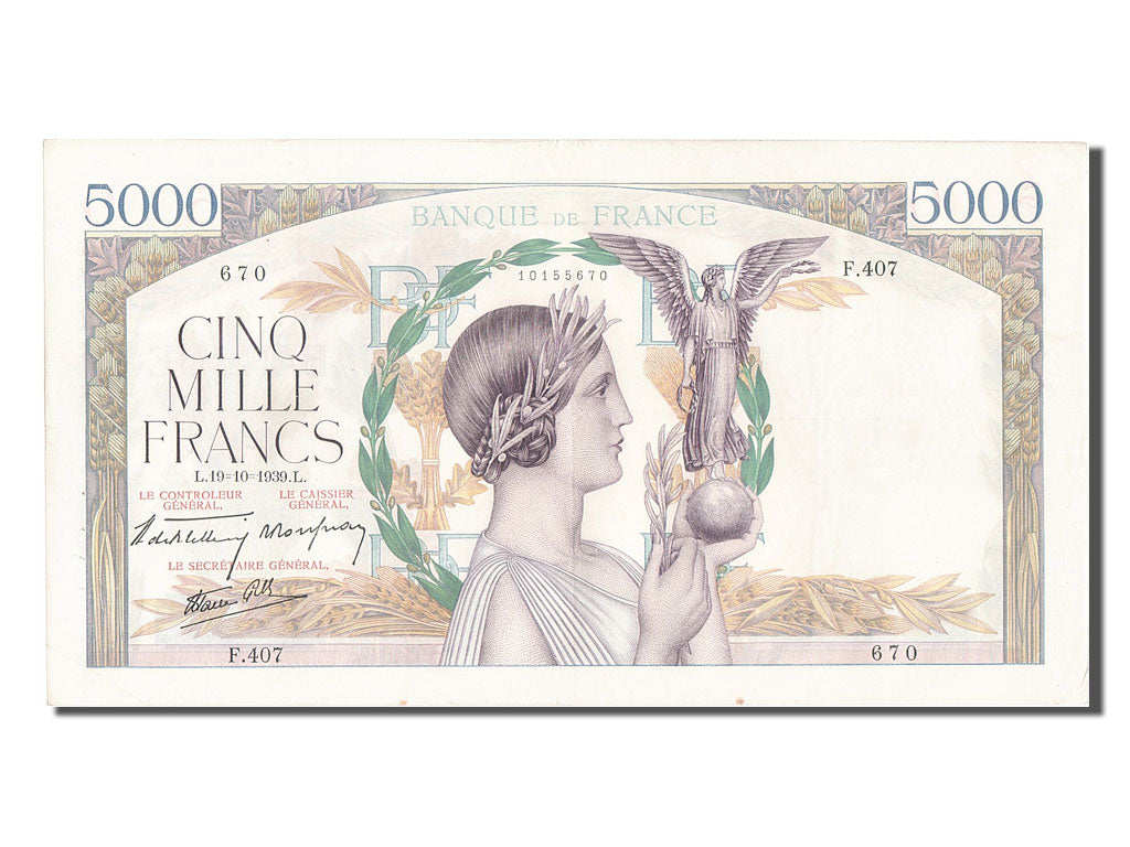 France, 5000 Francs, 5 000 F 1934-1944 ''Victoire'', 1939, KM #97a, 1939-10-19,.