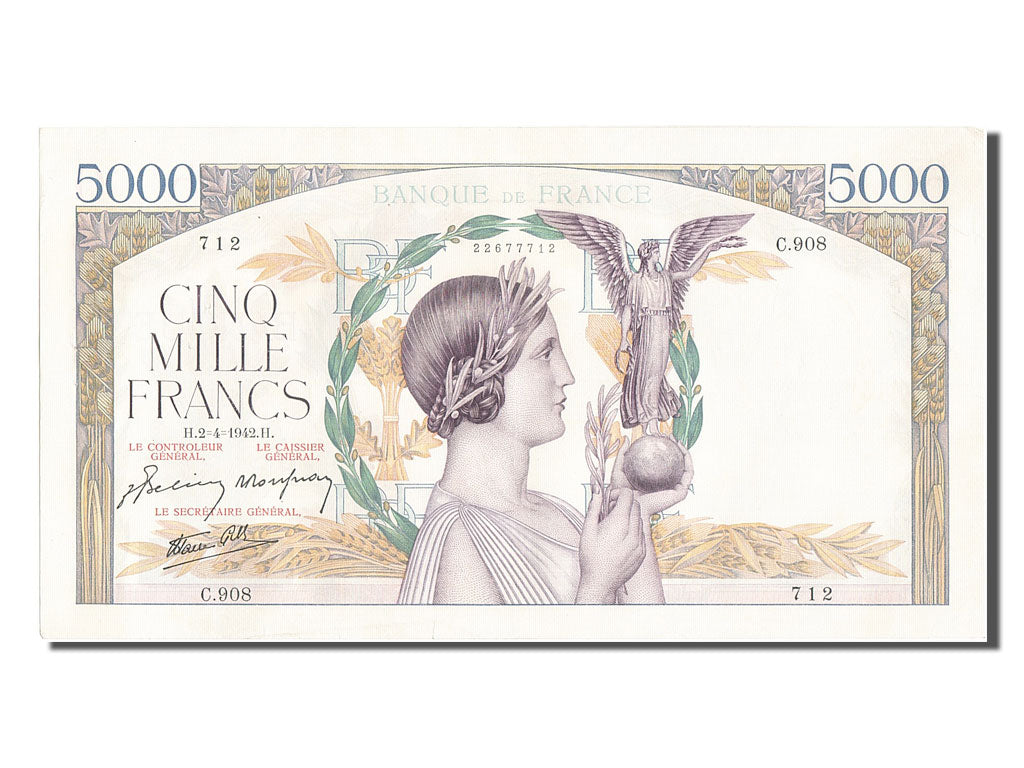 Banknot, Francja, 5000 Francs, Victoire, 1942, 1942-04-02, AU(50-53)