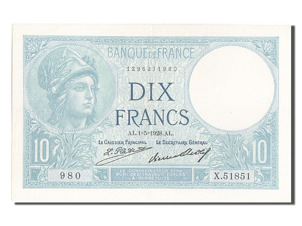 Billete, Francia, 10 Francs, 10 F 1916-1942 ''Minerve'', 1928, 1928-05-01, EBC+