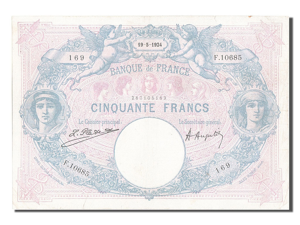 Francia, 50 Francs, 50 F 1889-1927 ''Bleu et Rose'', 1924, KM:64g, 1924-05-19...