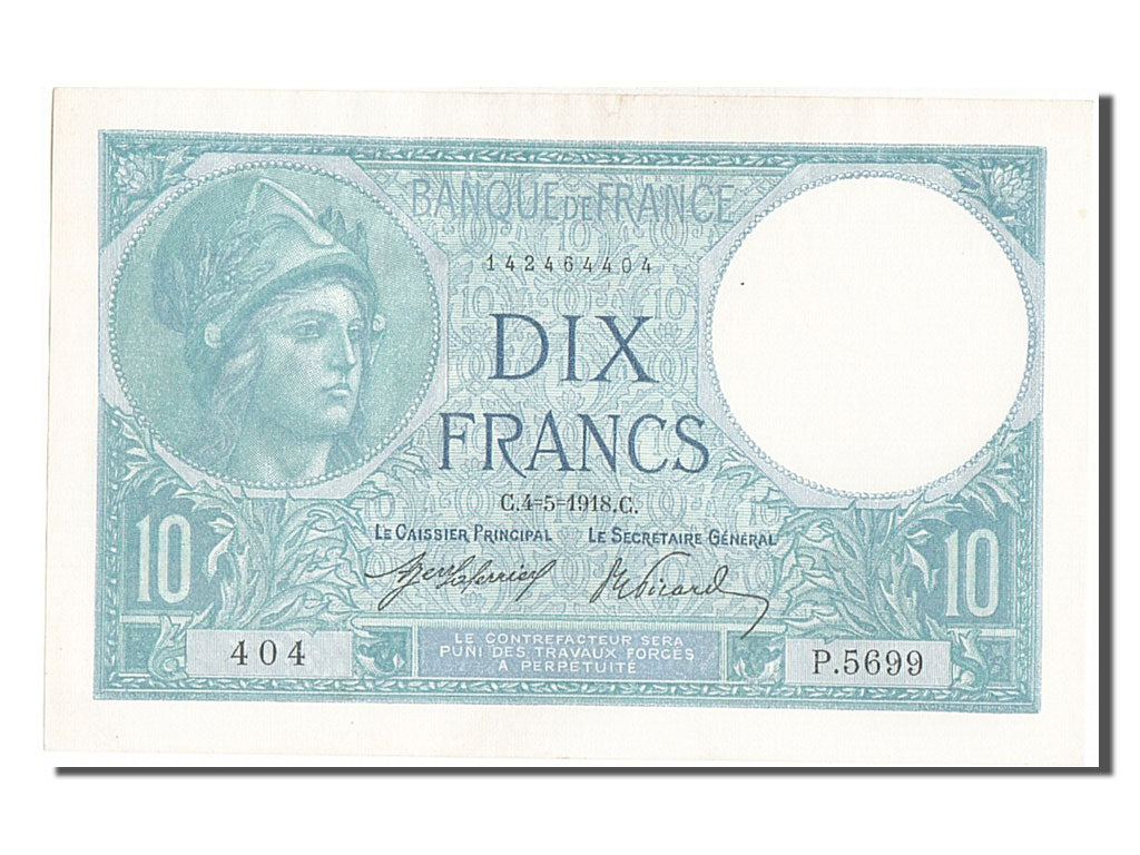 France, 10 Francs, 10 F 1916-1942 ''Minerve'', 1918, KM #73a, 1918-05-04,...