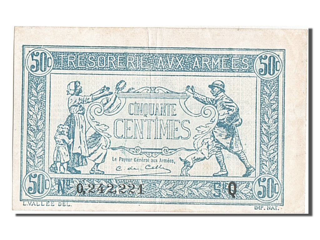 France, 50 Centimes, 1917-1919 Army Treasury, KM #M1, AU(50-53), Q, Fayette...