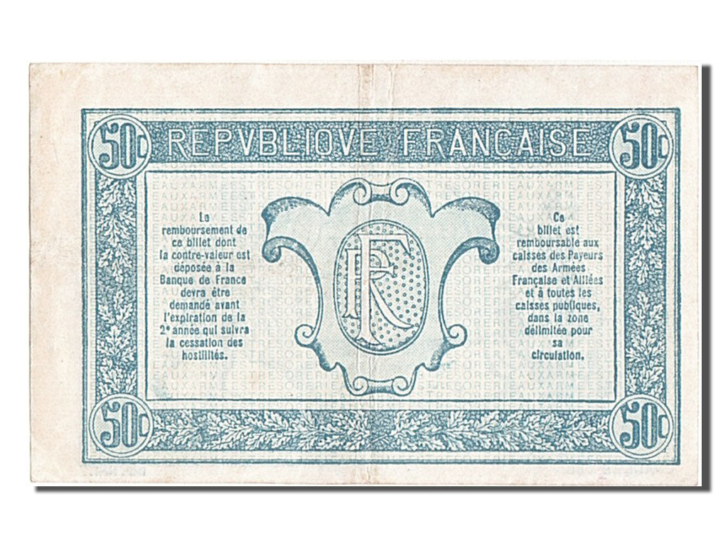 France, 50 Centimes, 1917-1919 Army Treasury, KM #M1, AU(50-53), Q, Fayette...