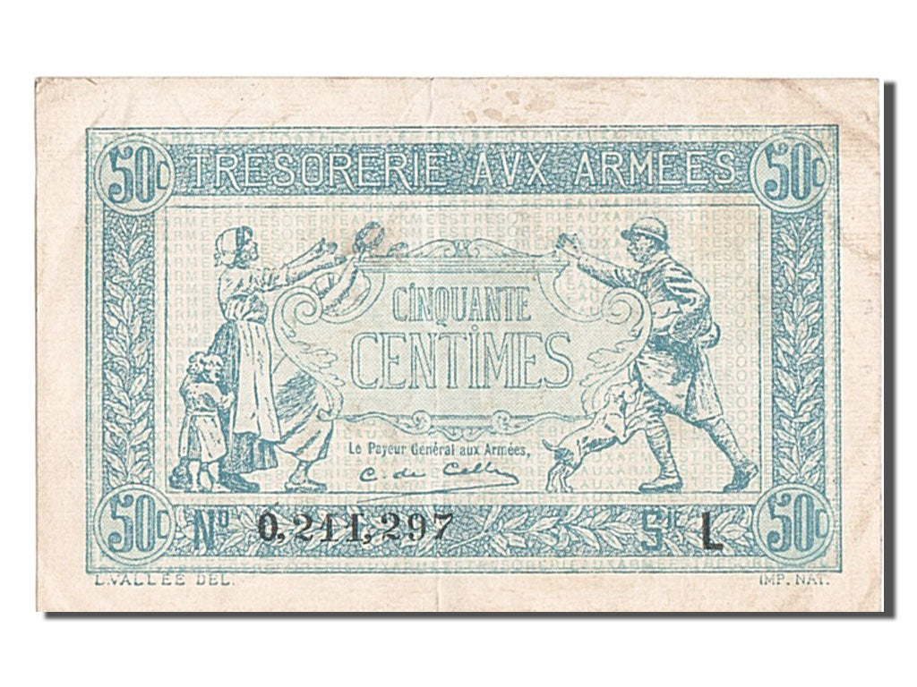 France, 50 Centimes, 1917-1919 Army Treasury, KM #M1, EF(40-45), L, Fayette...
