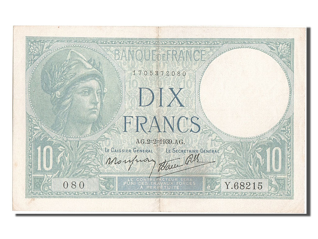 France, 10 Francs, 10 F 1916-1942 ''Minerve'', 1939, KM #84, 1939-02-02,...