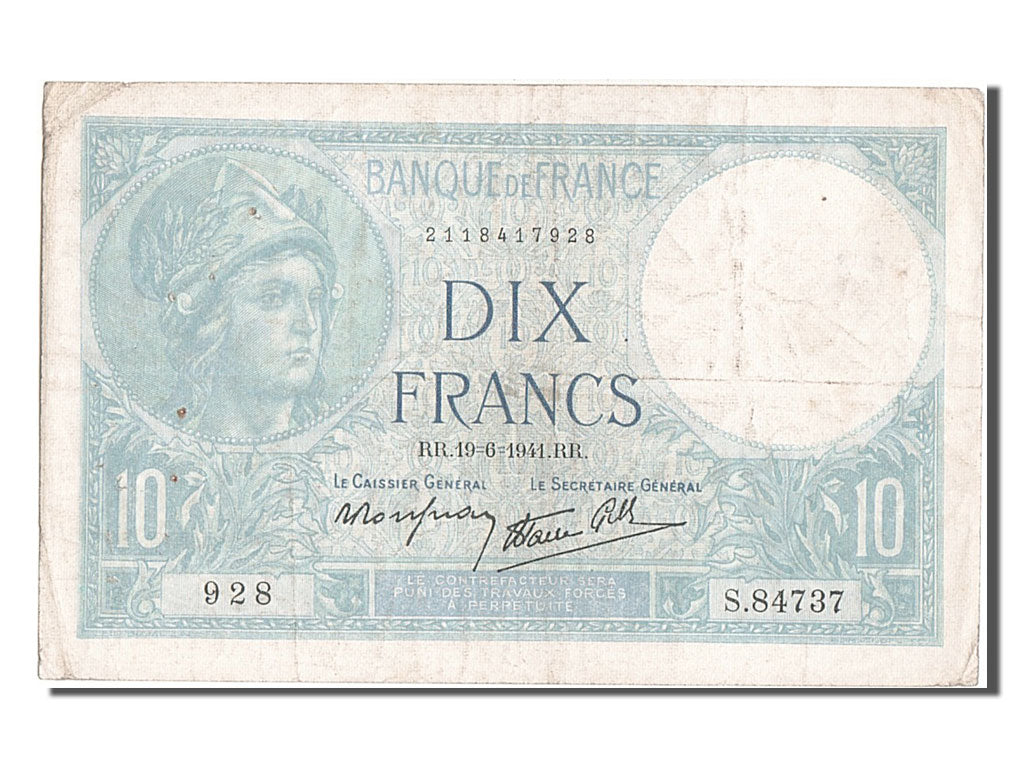 France, 10 Francs, 10 F 1916-1942 ''Minerve'', 1941, KM #84, 1941-06-19,...