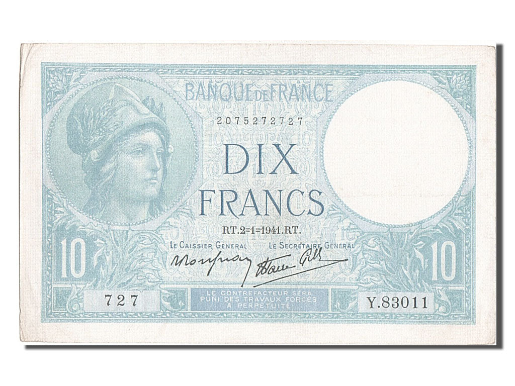 France, 10 Francs, 10 F 1916-1942 ''Minerve'', 1941, KM #84, 1941-01-02,...