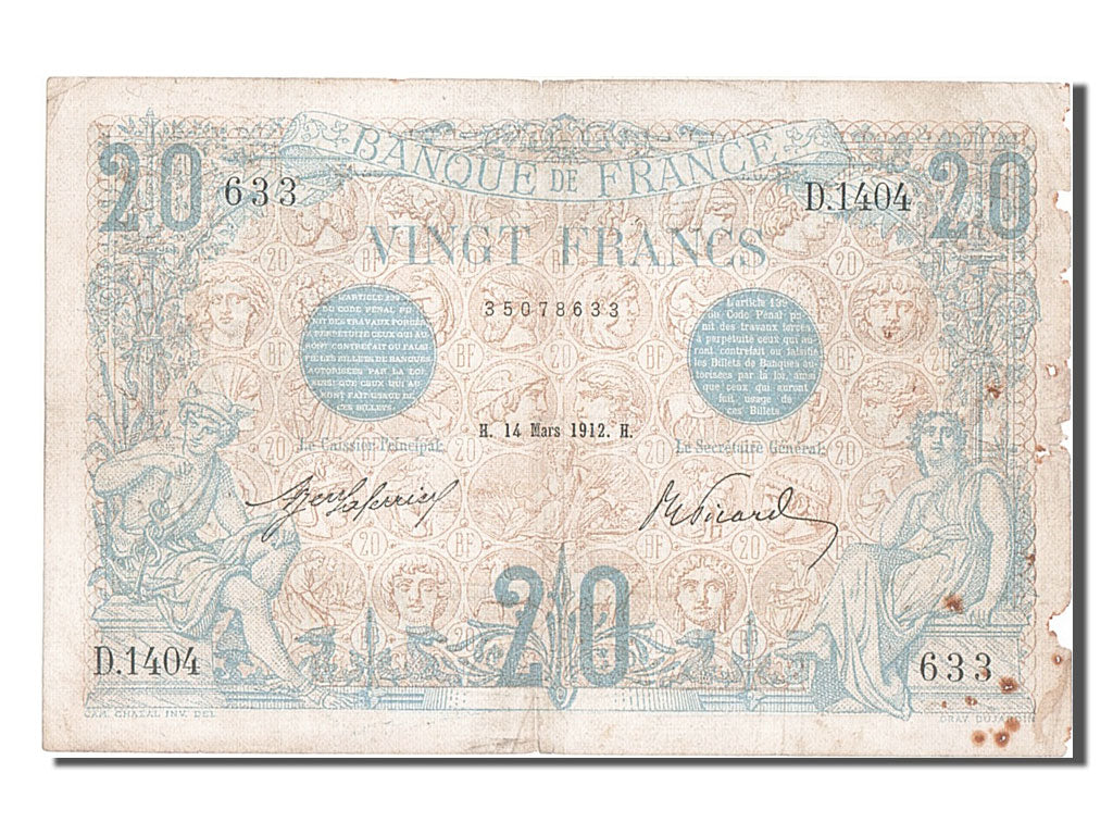 France, 20 Francs, 20 F 1905-1913 ''Bleu'', 1912, KM #68b, 1912-03-14,...