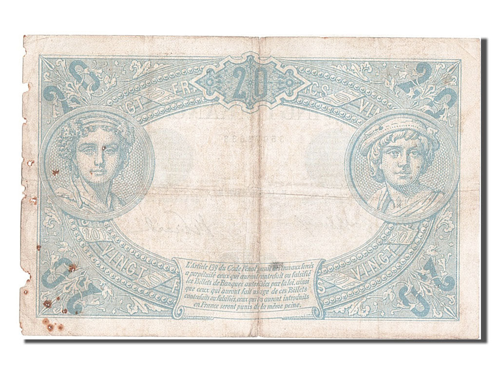 France, 20 Francs, 20 F 1905-1913 ''Bleu'', 1912, KM #68b, 1912-03-14,...