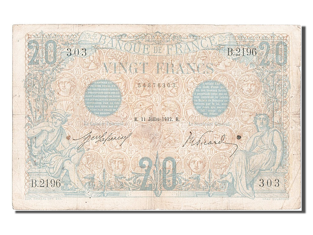 Biljet, Frankrijk, 20 Francs, 20 F 1905-1913 ''Bleu'', 1912, 1912-07-11, TB+