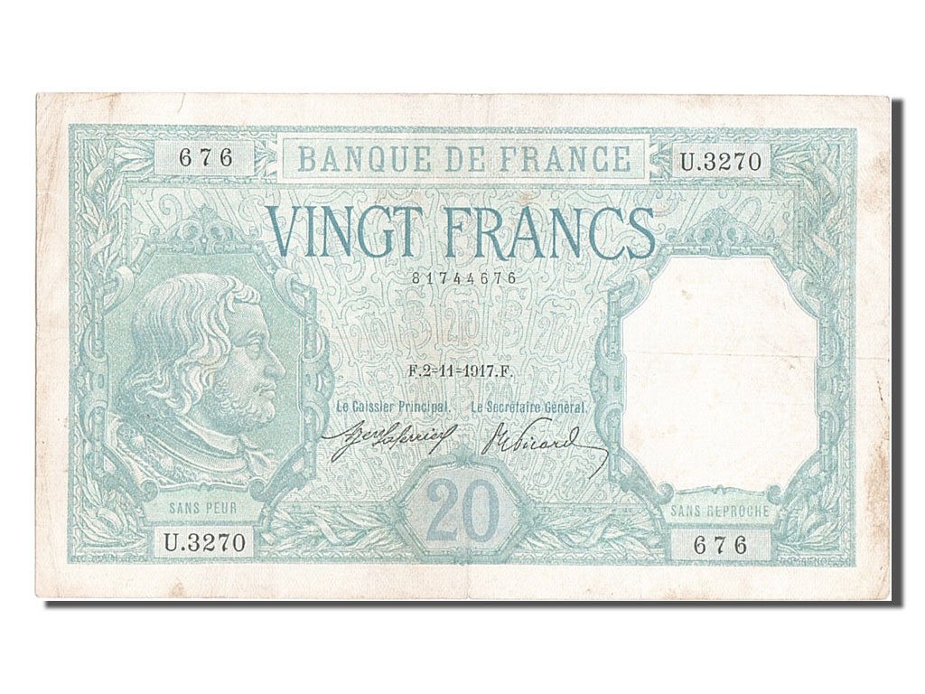 Banknot, Francja, 20 Francs, Bayard, 1917, 1917-11-02, EF(40-45), Fayette:11.2