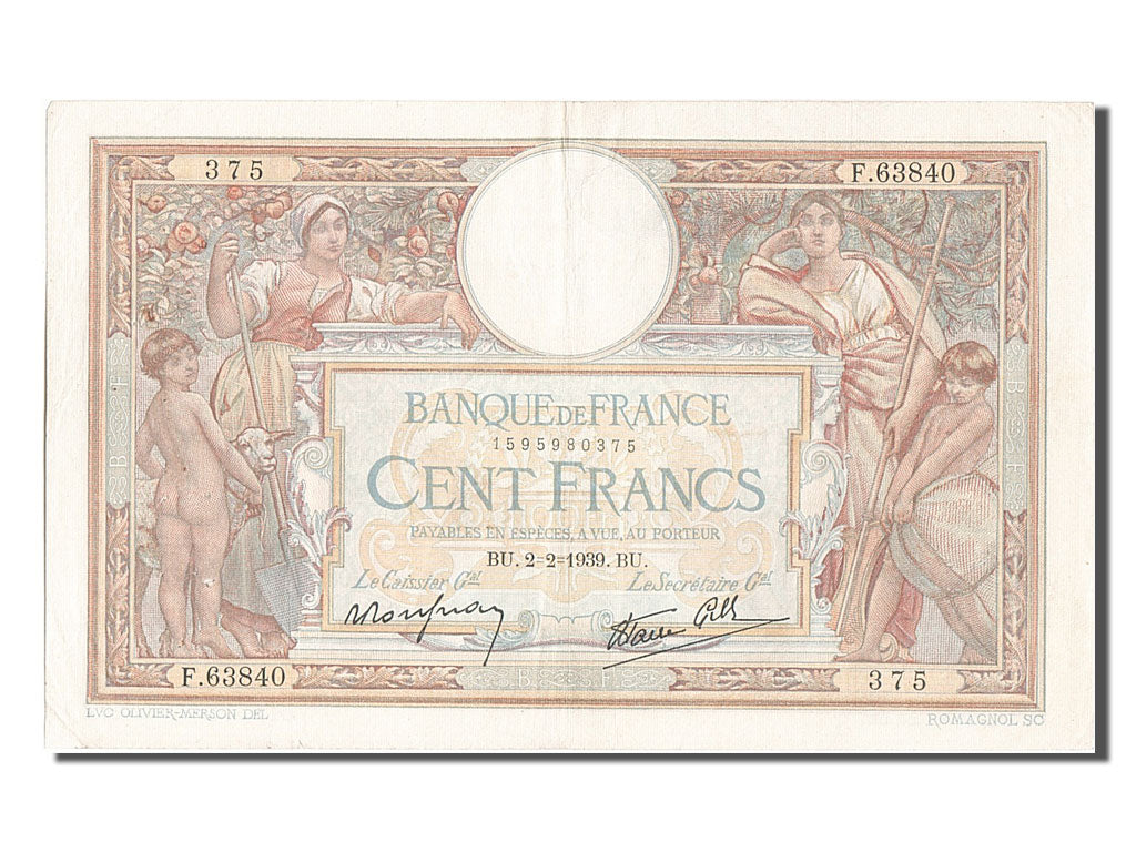 Biljet, Frankrijk, 100 Francs, 100 F 1908-1939 ''Luc Olivier Merson'', 1939