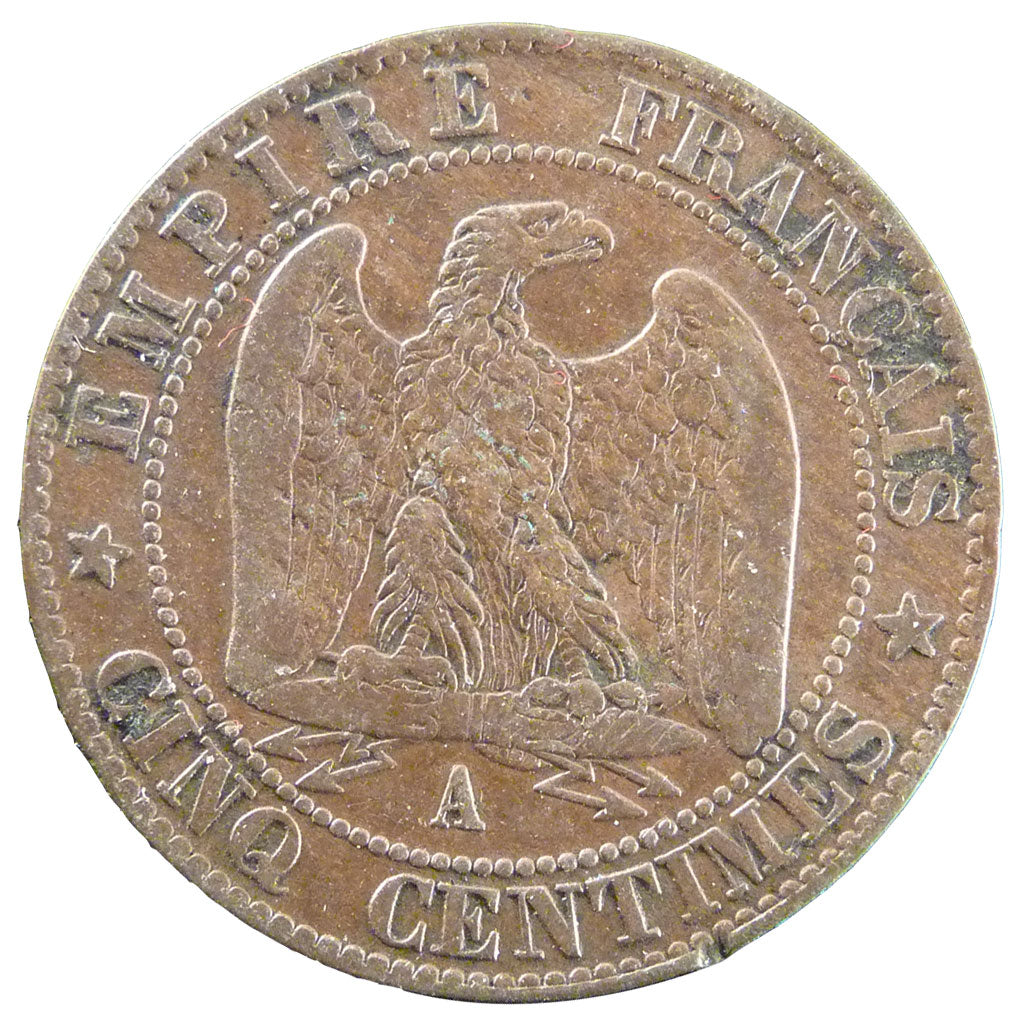 FRANCE, 5 Centimes, 1855, Paris, VF(20-25), Bronze, Gadoury #152, 4.80