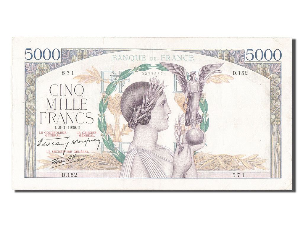 France, 5000 Francs, 5 000 F 1934-1944 ''Victoire'', 1939, KM #97a, 1939-04-06,.