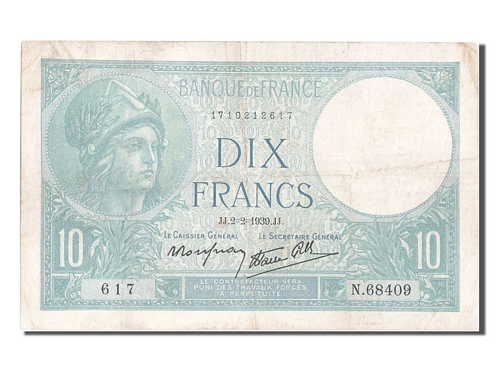 France, 10 Francs, 10 F 1916-1942 ''Minerve'', 1939, KM #84, 1939-02-02,...