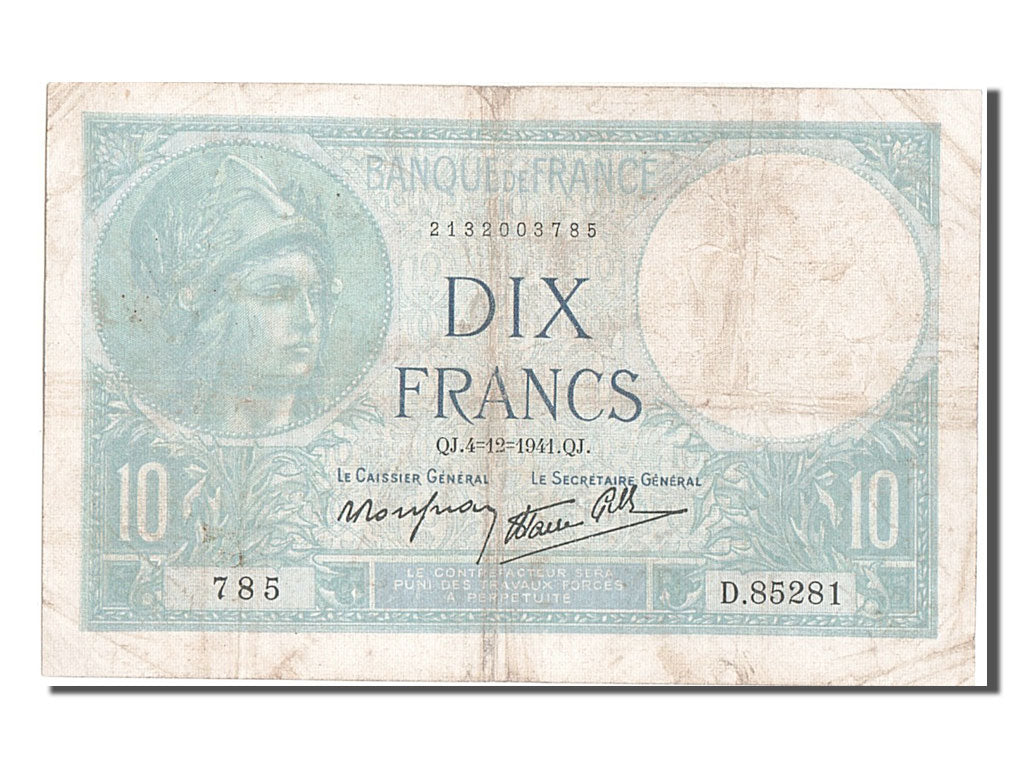 France, 10 Francs, 10 F 1916-1942 ''Minerve'', 1940, KM #84, 1941-12-04,...