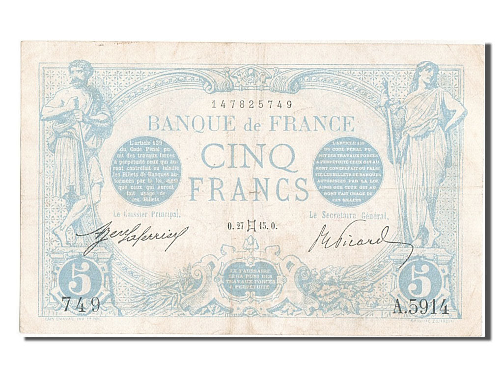 France, 5 Francs, 5 F 1912-1917 ''Bleu'', 1915, KM #70, 1915-05-27, EF(40-45),..
