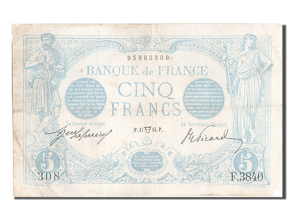 France, 5 Francs, 5 F 1912-1917 ''Bleu'', 1914, KM #70, 1914-04-17, VF(20-25),..