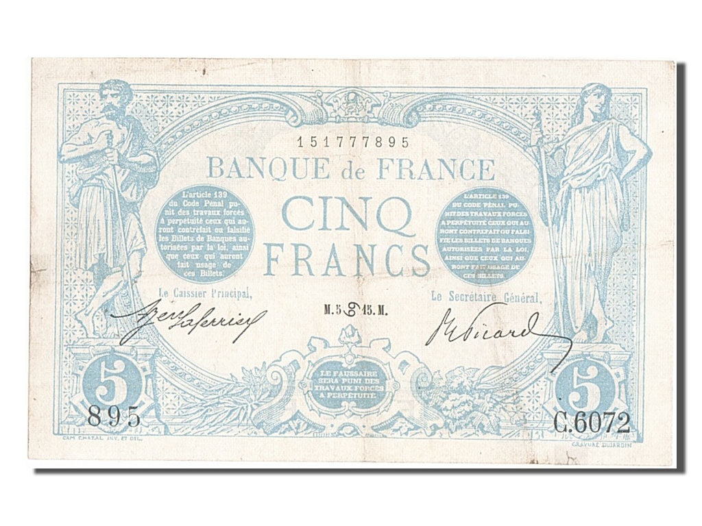 Geldschein, Frankreich, 5 Francs, 5 F 1912-1917 ''Bleu'', 1915, 1915-06-05, S+