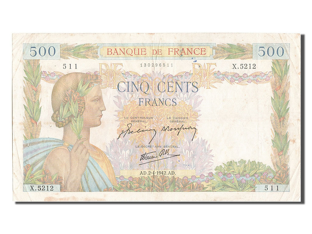 Banknot, Francja, 500 Francs, La Paix, 1942, 1942-04-02, EF(40-45)