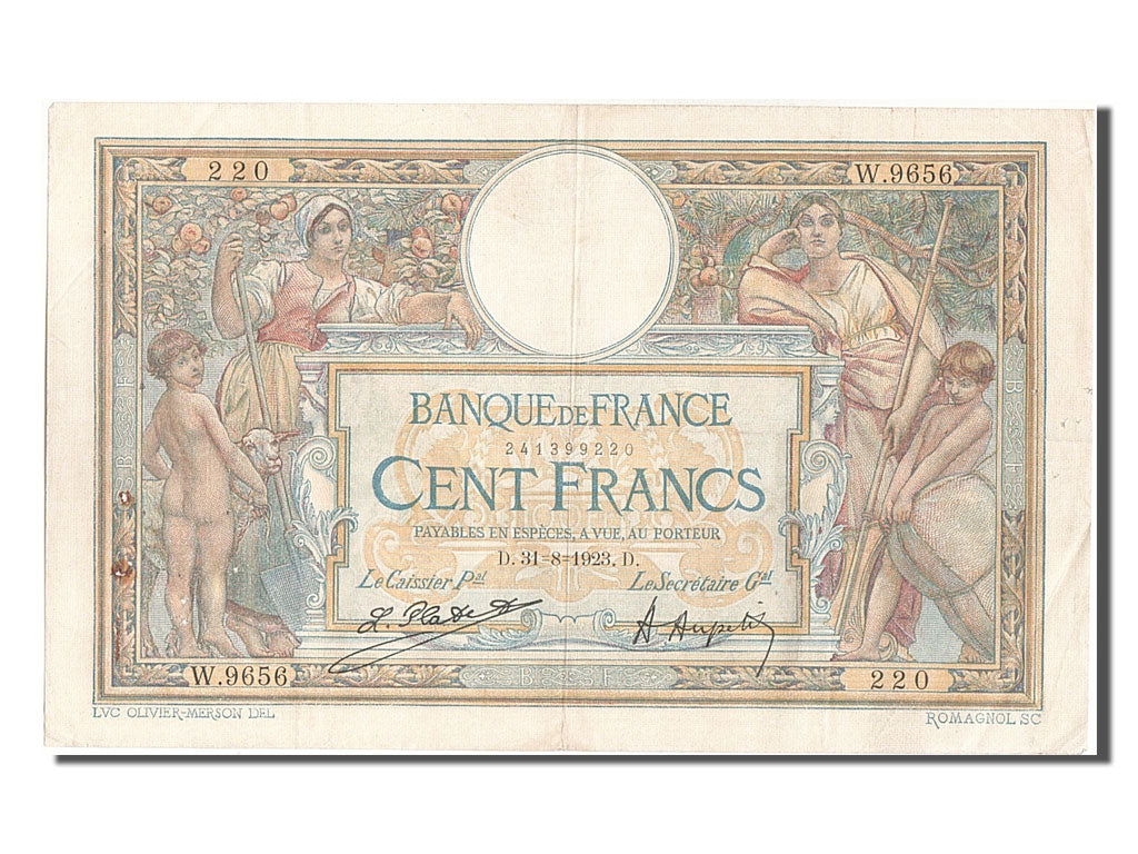Banknote, France, 100 Francs, 100 F 1908-1939 ''Luc Olivier Merson'', 1923