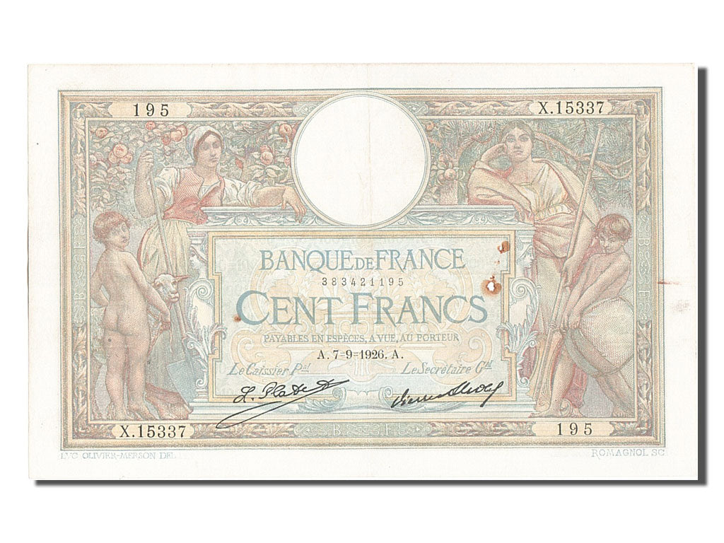 Banknote, France, 100 Francs, 100 F 1908-1939 ''Luc Olivier Merson'', 1926