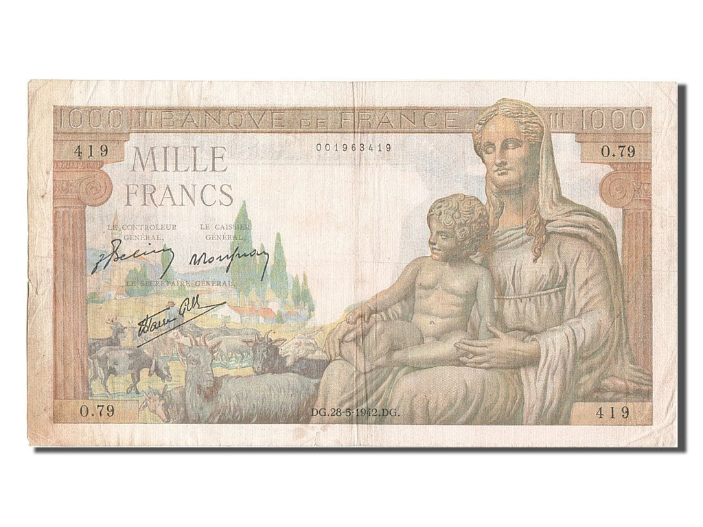 France, 1000 Francs, 1 000 F 1942-1943 ''Déesse Déméter'', 1942, KM #102, 194...
