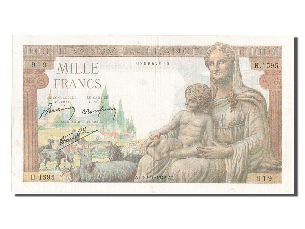 France, 1000 Francs, 1 000 F 1942-1943 ''Déesse Déméter'', 1942, KM #102, 194...