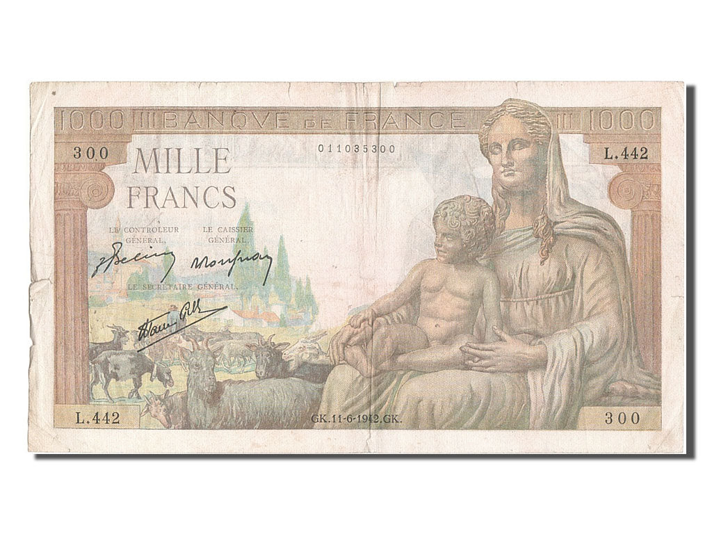 France, 1000 Francs, 1 000 F 1942-1943 ''Déesse Déméter'', 1942, KM #102, 194...