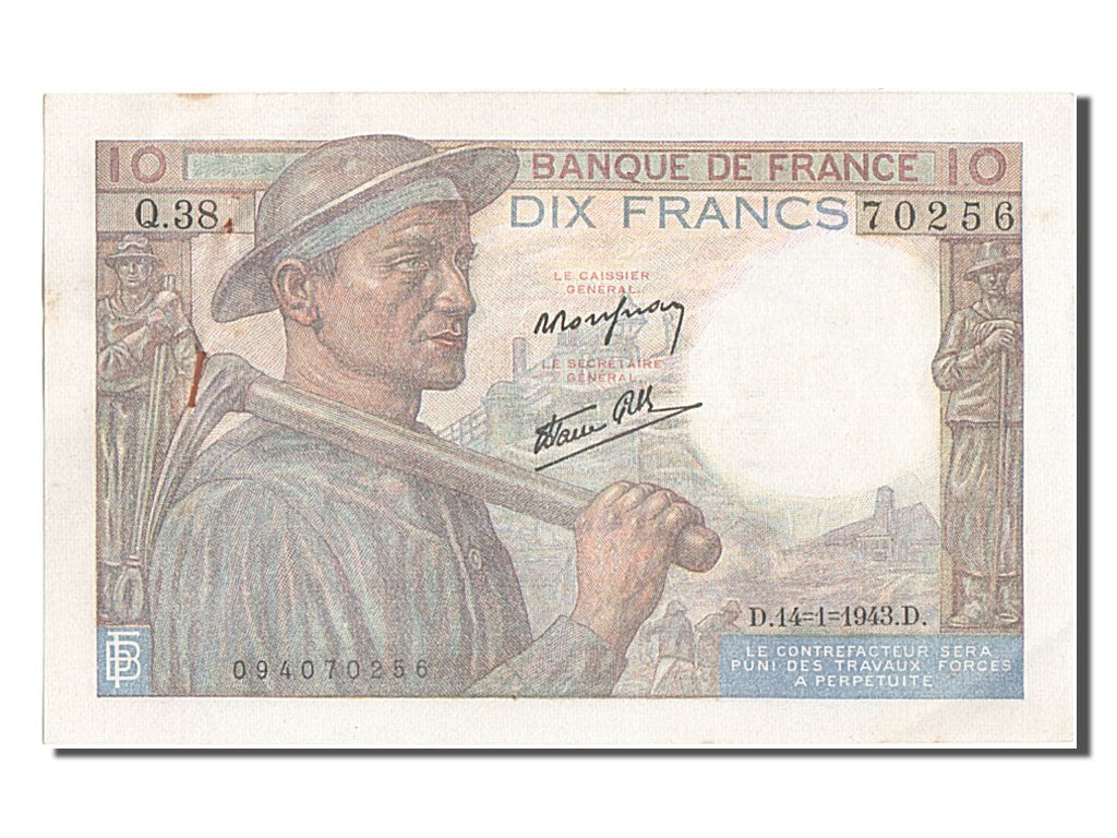 France, 10 Francs, 10 F 1941-1949 ''Mineur'', 1943, KM #99b, 1943-01-14,...
