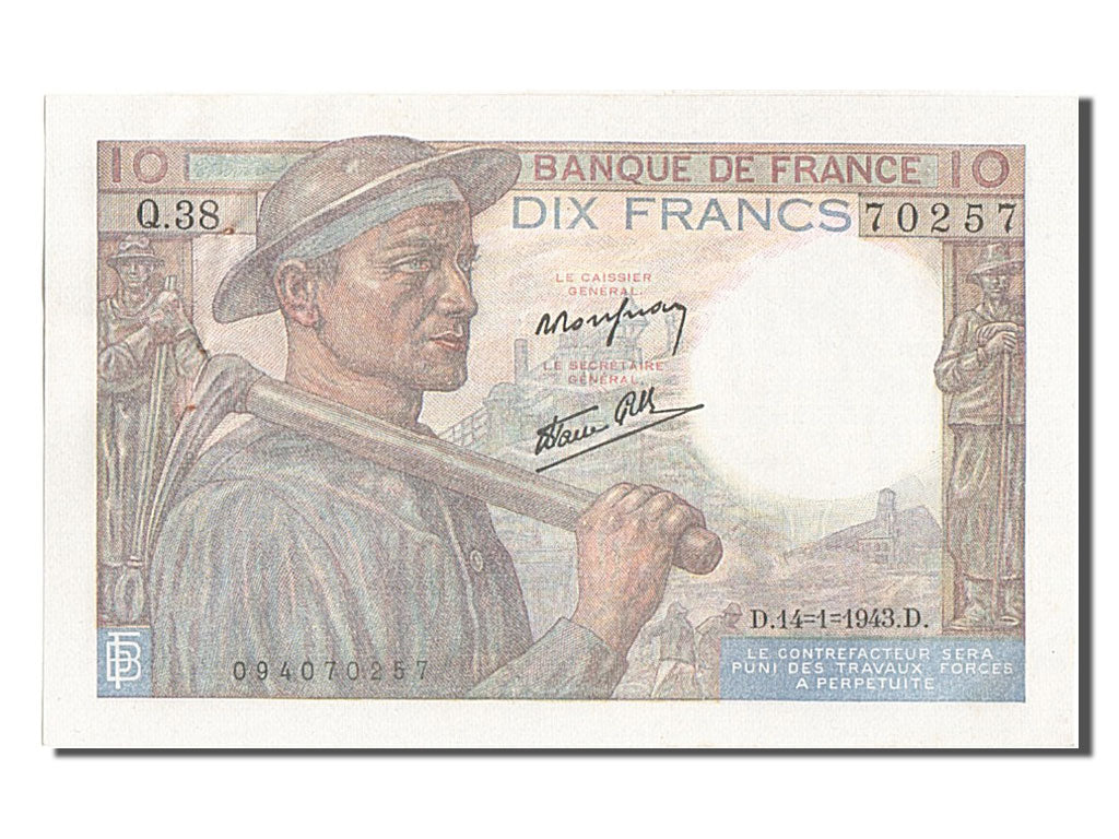 France, 10 Francs, 10 F 1941-1949 ''Mineur'', 1943, KM #99b, 1943-01-14,...