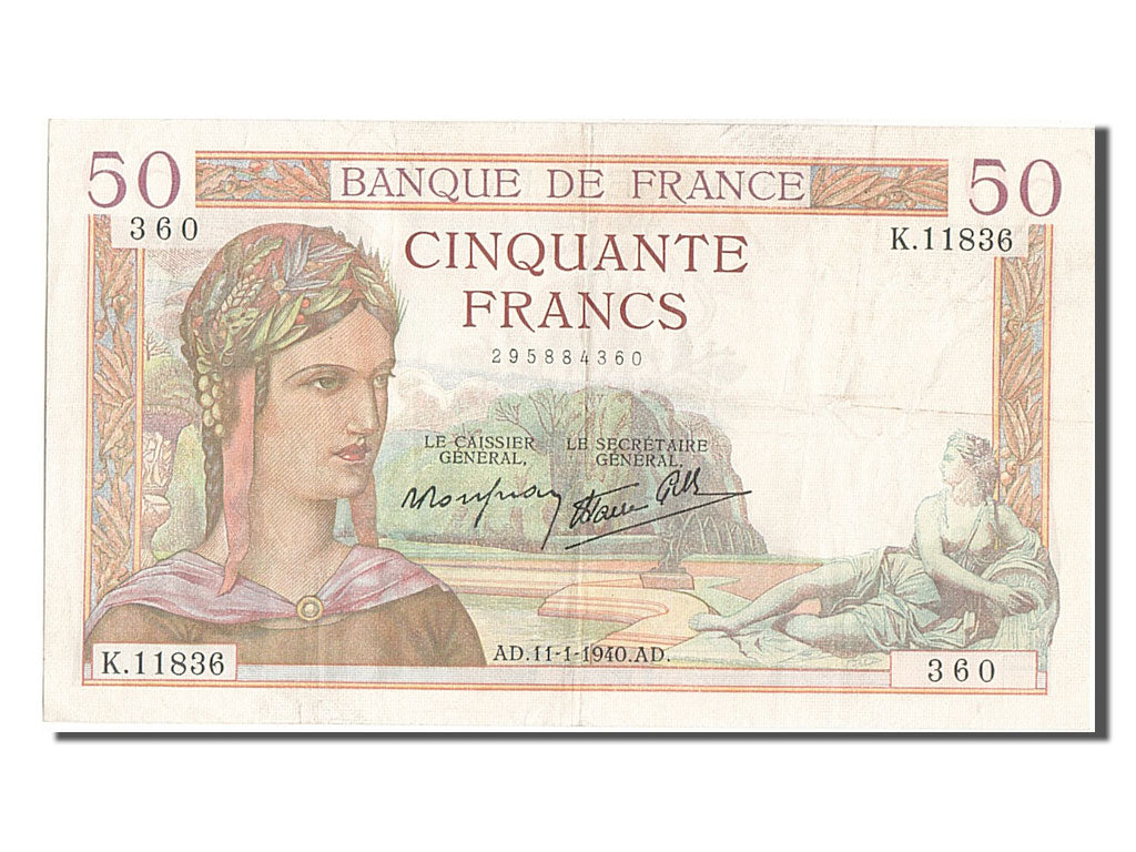 France, 50 Francs, 50 F 1934-1940 ''Cérès'', 1940, KM #85b, 1940-01-11, V...