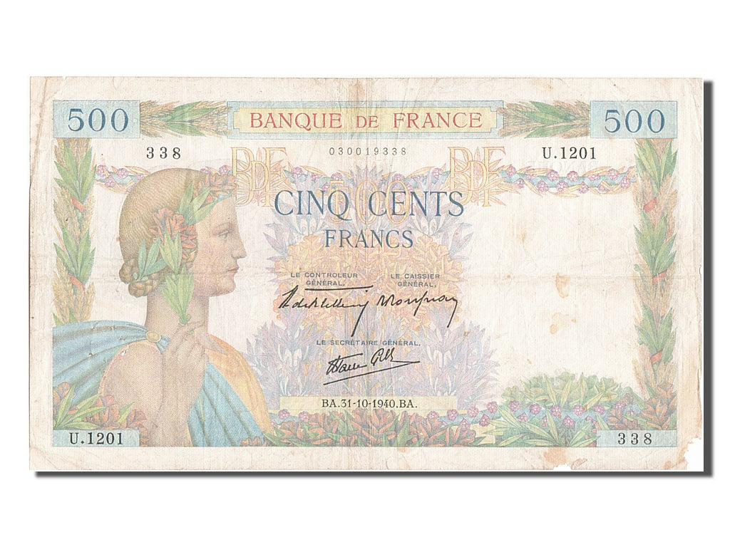 France, 500 Francs, 500 F 1940-1944 ''La Paix'', 1940, KM #95a, 1940-10-31,...