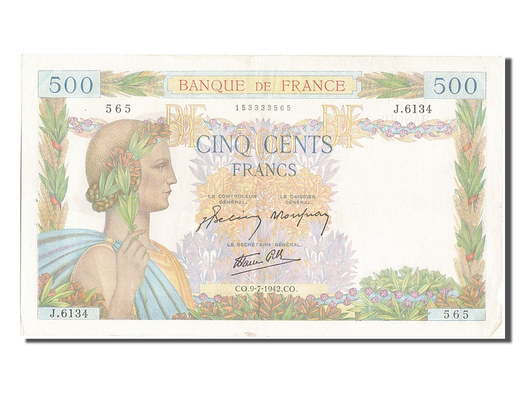 France, 500 Francs, 500 F 1940-1944 ''La Paix'', 1942, KM #95b, 1942-07-09,...