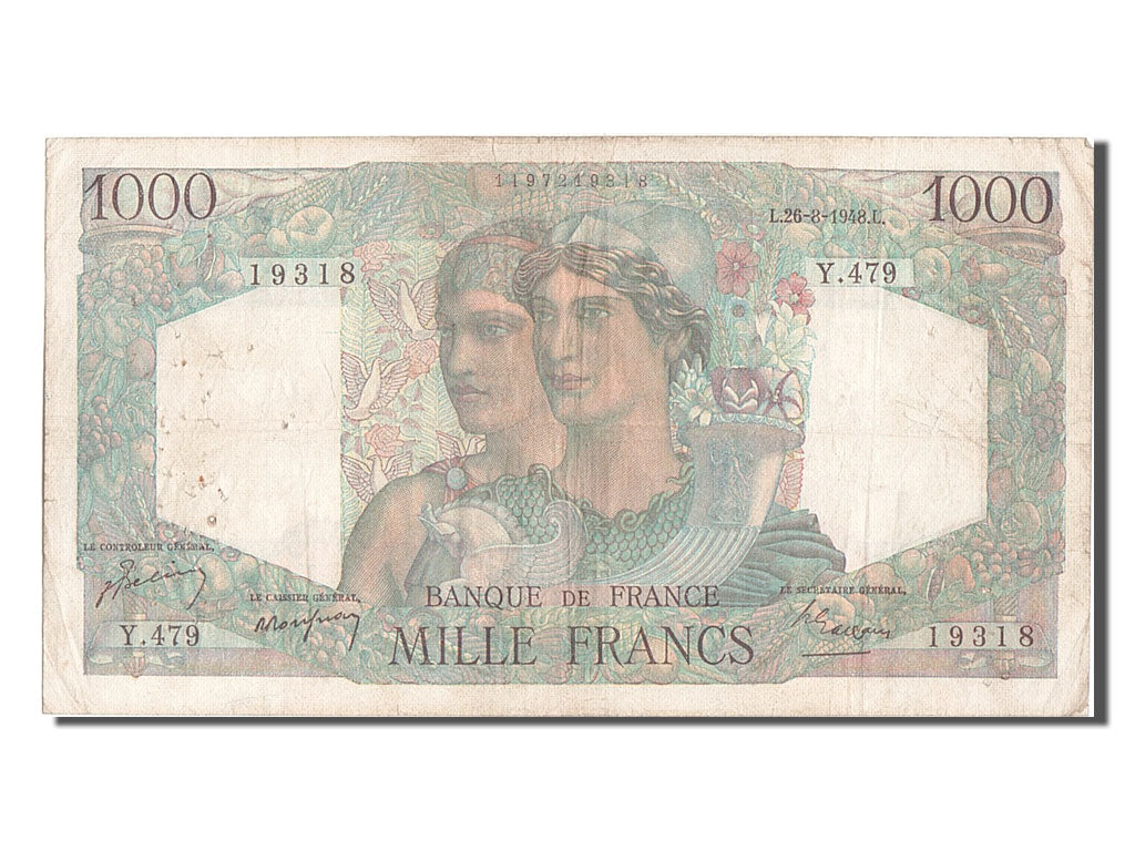 Geldschein, Frankreich, 1000 Francs, 1 000 F 1945-1950 ''Minerve et Hercule''