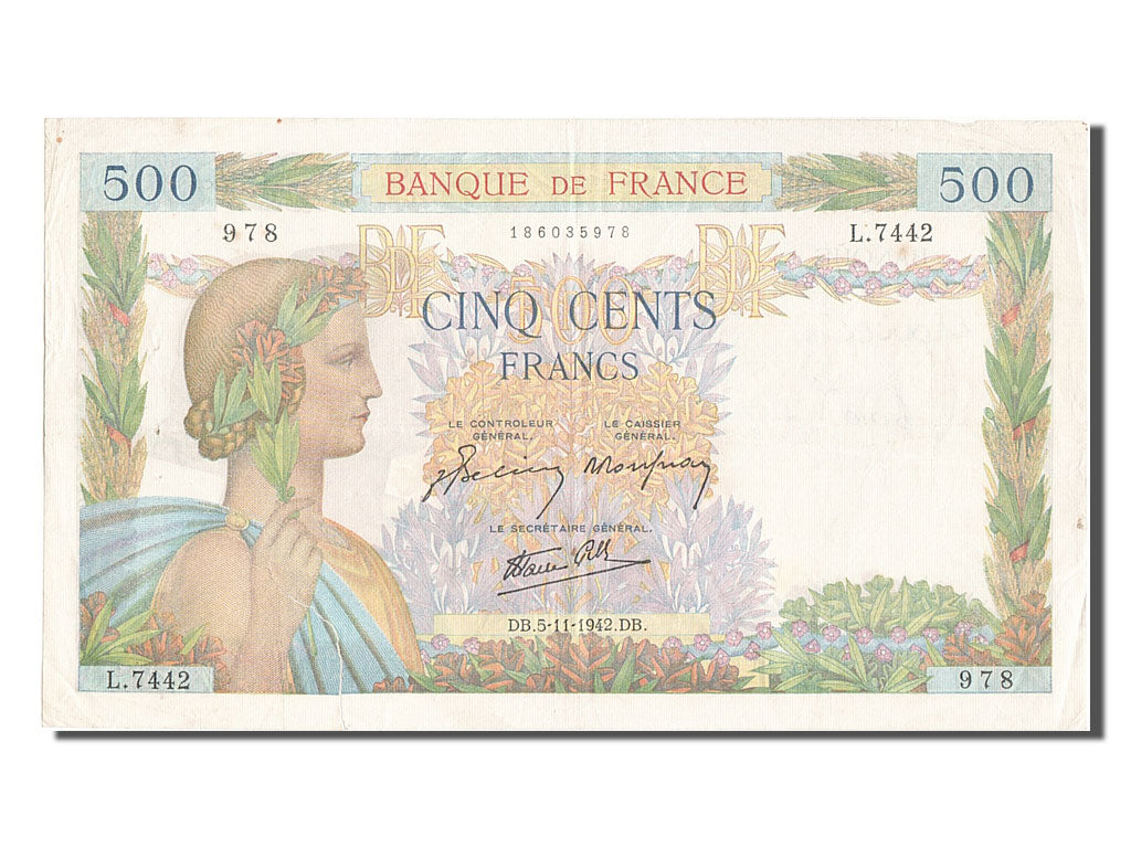 France, 500 Francs, 500 F 1940-1944 ''La Paix'', 1942, KM #95b, 1942-11-05,...